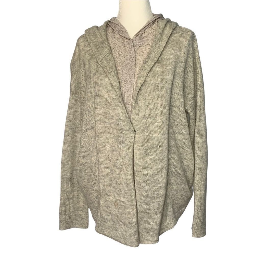Moth Grey/White Marled Alpaca Blend Open Hoodie Button Sweater Size M